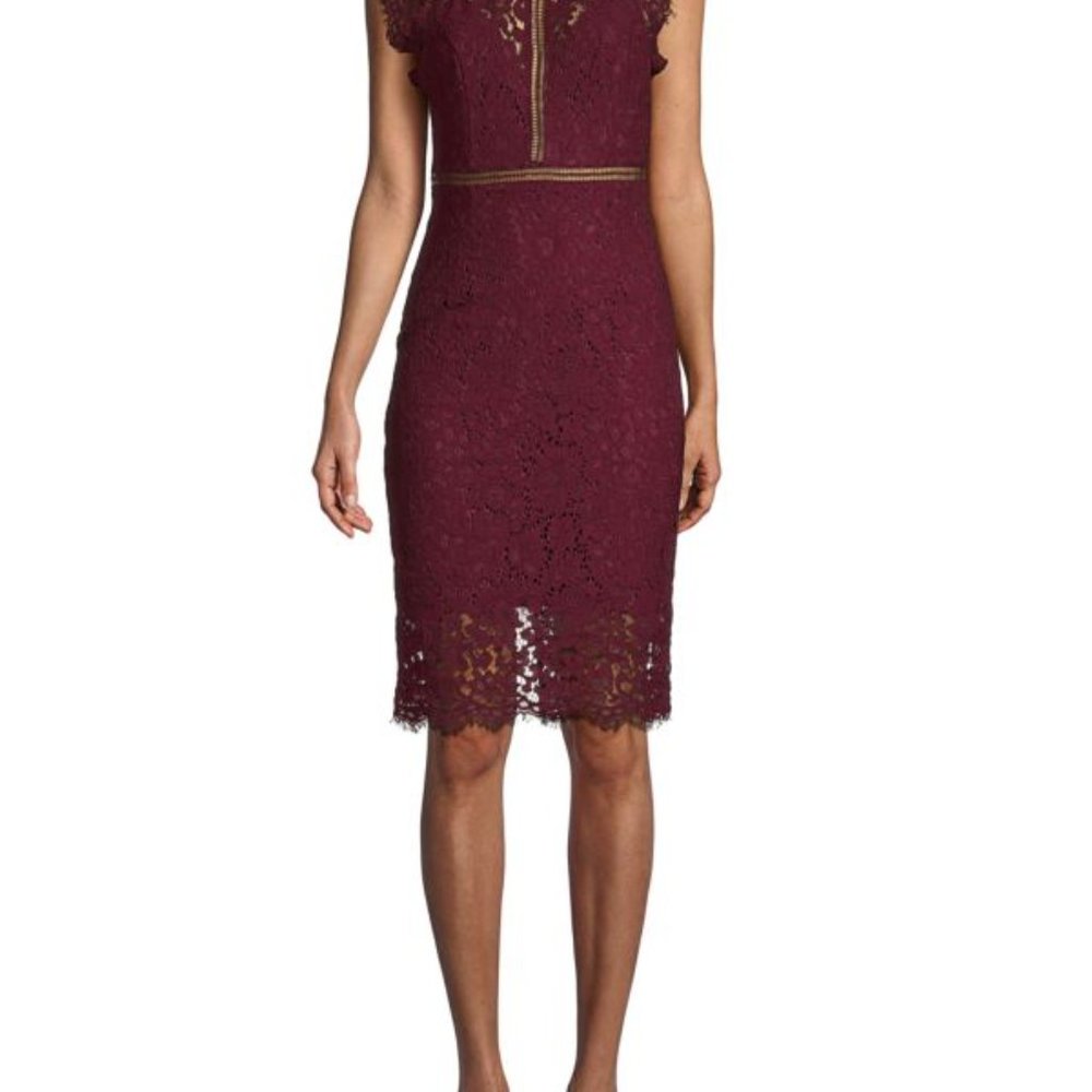 Wine Coloured Bardot Lace Panel Dress - Sheer Elegance - High Neckline